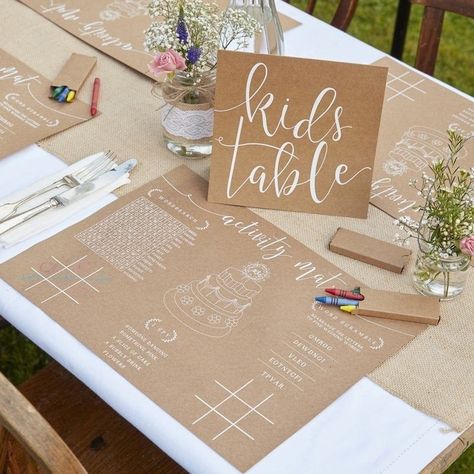 Kids Table Wedding, Activity Placemat, Wedding Activity, Kids Wedding Activities, Vintage Burlap, Kids Wedding, Lace Table Runners, Wedding Activities, Burlap Wedding