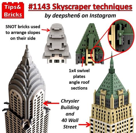 Tips&Bricks on Instagram: “#1143 TECHNIQUES: Skyscraper techniques - Today we're looking at two New York skyscrapers by @deepshen6 and some of the techniques that go…” Lego Skyscraper, New York Skyscrapers, Street Building, Lego Wall, Lego Club, Amazing Lego Creations, Lego Castle, Lego Construction, Lego Mecha