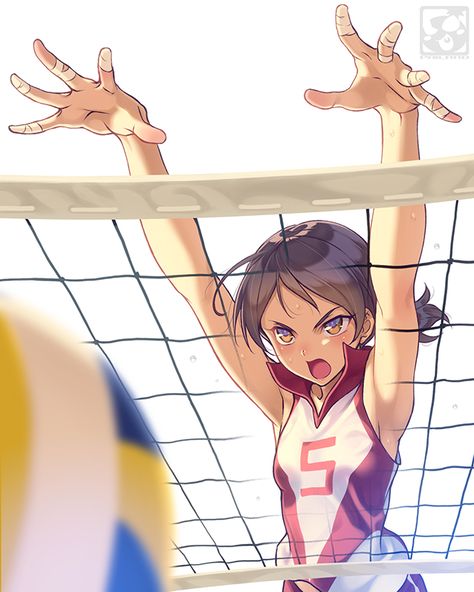 Volleyball Drawing, Volleyball Uniform, Tendou Satori, Dynamic Poses Drawing, Short Ponytail, Volleyball Net, Brown Eyes Brown Hair, Volleyball Inspiration, Girls Und Panzer