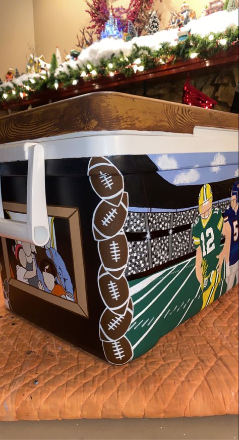 Mountain Weekend Cooler, Painted Fraternity Coolers, Nola Cooler, Painting Football, Football Paintings, Formal Cooler Ideas, How To Paint Camo, Fraternity Coolers, Diy Cooler