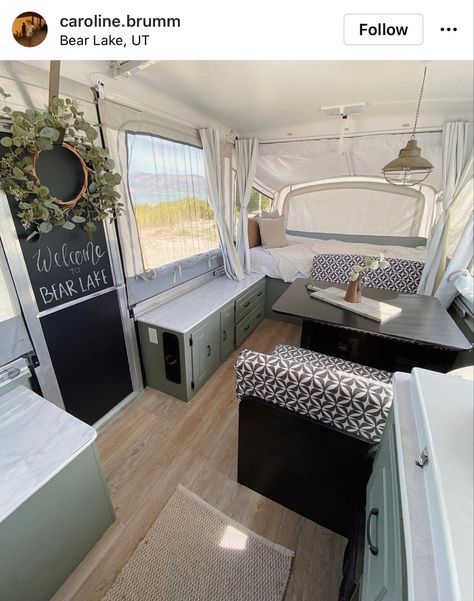 Pop Up Camper Green Cabinets, Pop Up Camper Remodel Green, Green Camper Decor, Pop Up Caravan Makeover, Renovated Tent Trailers, Rustic Pop Up Camper Remodel, Pop Up Camper Color Schemes, Modern Pop Up Camper, Pop Up Camper Floor Remodel