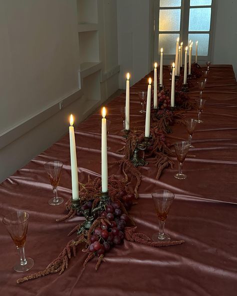 Setting the table in rich wine hues – where elegance meets warmth! 🍇 Styled by @omergilony #tablesetting #tablesettingideas… | Instagram Dramatic Table, Dinner Outing, Autumn Tablescapes, 30 Flirty And Thriving, Bday Dinner, Skincare Guide, Holiday Hosting, Birthday Dinner Party, Chic Autumn