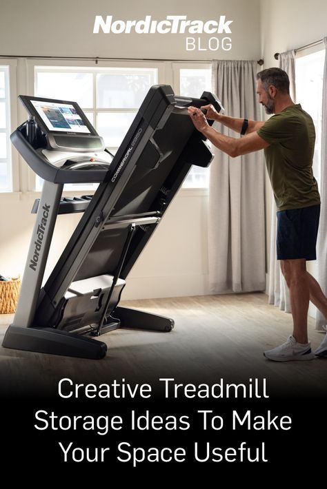 Treadmill Storage Small Spaces, Folding Treadmill Storage, Treadmill In Small Space, Garage Treadmill Space, Treadmill In Garage Ideas, Treadmill Bedroom, Treadmill Decorating Ideas, How To Hide A Treadmill, Living Room With Treadmill