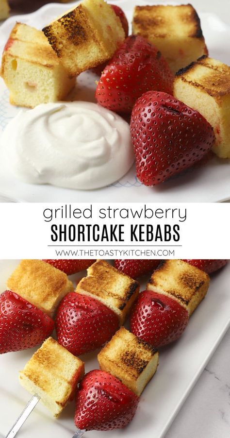 Grilled strawberry shortcake kebabs recipe by The Toasty Kitchen. Grilled strawberry shortcake kebabs are a fun dessert recipe to make this summer. Fresh strawberries and pound cake are skewered and lightly grilled until warm and toasted. Served with a simple homemade vanilla whipped cream. #summerdesserts #grilledstrawberryshortcake #shortcakekebabs #shortcake #strawberryshortcake #grillingrecipe #grilleddessert #recipe #summer Grilled Strawberry Shortcake, Strawberry Shortcake Skewers, Summer Vegetable Recipes, Grilled Strawberries, Summer Fruit Recipes, Grilled Desserts, Kebabs On The Grill, Fun Dessert, Grilled Fruit