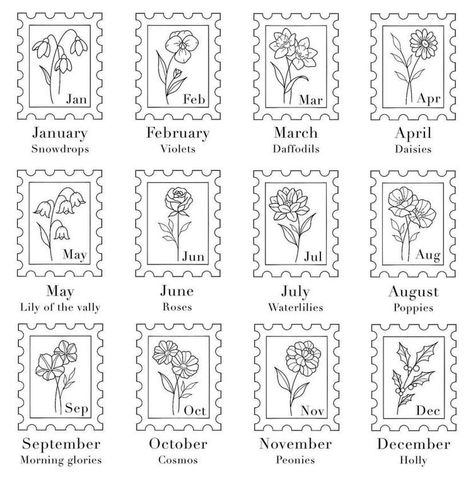 Back Tattoo Women Small Ideas, Birth Animals By Month Tattoo, Medium Fine Line Tattoo, Lily Of The Valley Stamp Tattoo, Mexico Stamp Tattoo, Birth Flower Stamp Tattoo, Tattoo Timbre, Tattoo Positions, Stamp Tattoo Design