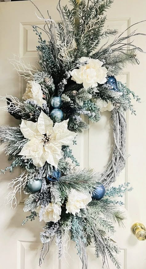 Sold-custom Order XXL Elegant White Peony Blue Glass Ornament Cascade Wreath White Silk Poinsettia Flocked Evergreen Double Door Wreath - Etsy Blue And Silver Wreaths, Classy Xmas Decor, White Christmas Wreath Ideas, January Wreath Ideas, Non Christmas Winter Decor, White Winter Wreath, Blue Christmas Decorations, Blue Christmas Wreath, Double Door Wreath