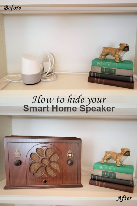 How we used a vintage radio to hide our smart home speaker. By removing the internal parts of the non-working radio, the speaker is perfectly hidden. How To Hide Speakers, Vintage Radio Decor, Hidden Speakers, Home Speaker, Retro Radio, Wall Shelf Decor, In Wall Speakers, Home Speakers, Vintage Eclectic