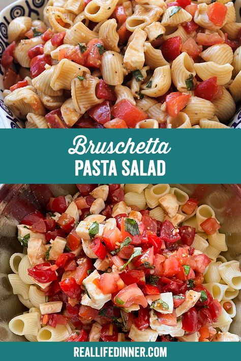 Bruschetta Pasta Salad ~ https://reallifedinner.com Bruschetta Pasta Salad Recipes, Bruschetta Salad, Bruschetta Pasta Salad, Different Types Of Salads, Meatless Lasagna, Types Of Salads, Bruschetta Pasta, Girls Night Ideas, Manicotti Recipe