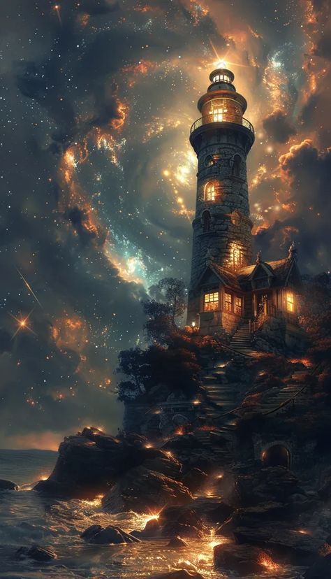 The image is a beautiful painting of a lighthouse on a rocky coast. The night sky is full of stars and the sea is calm and still. The lighthouse is made of stone and has a light that is shining out to sea. There is a small house next to the lighthouse and a few trees on the cliff. The painting is very detailed and realistic and the colors are vibrant and lifelike. Lighthouse At Night Painting, House Skylight, Skylight House, Skylight Living Room, Skylight Architecture, Skylight Bedroom, Modern Skylights, Lighthouse Paintings, Lighthouse At Night