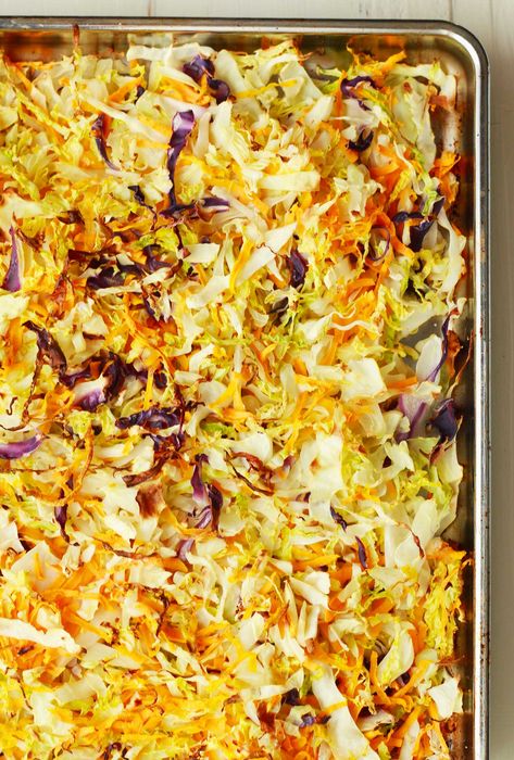 Roasted Winter Slaw | Shredded cabbage and sweet potatoes are roasted to savory side dish perfection in 20 minutes! Vegan, gluten-free, plant-based | https://passtheplants.com Shredded Cabbage Recipes, Good Side Dishes, Roasted Cabbage Recipes, Winter Slaw, Cabbage Side Dish, Roasted Cabbage Steaks, Winter Side Dishes, Cabbage And Potatoes, Shredded Cabbage