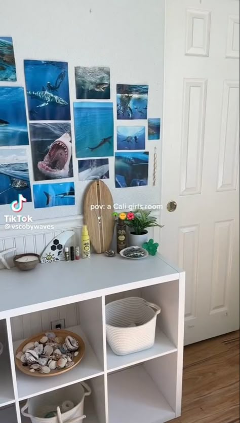 Pin Board Inspiration, Beachy Vanity Bedroom, Surf Room Decor Hawaii, Beach Shelf Decor, Beachy Shelf Decor, Surfer Bedroom Aesthetic, Ocean Core Room, Beachy Desk, Surfer Room Decor