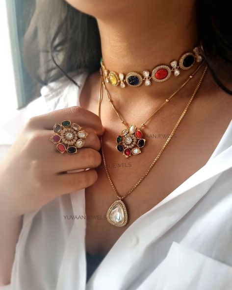 Ashta-mangal is multi-stone gemstone revival choker and a a double layered navratna and polki necklace- NAV-GRAH POLKI NECKLACE. This… | Instagram Navratna Polki Necklace, Nav Grah, Navratna Choker, Navratna Necklace, Jewellery Styling, Polki Choker, Fancy Jewelry Necklace, Abstract Jewelry, Elegant Jewellery