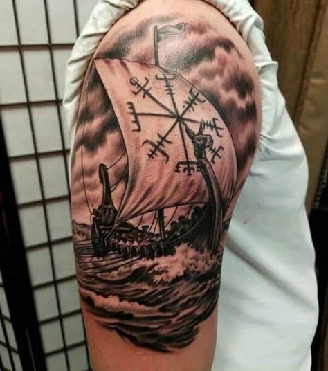 62 Viking Tattoos For Men To Get Inspired From – Artistic Haven Viking Sailor Tattoo, Viking Ship Tattoo Sleeve, Viking Norse Tattoo, Viking Theme Tattoo, Hip Tattoos For Men, Viking Ship Tattoo Design, Viking Tattoo Ideas, Viking Ship Tattoo, Viking Tattoos For Men