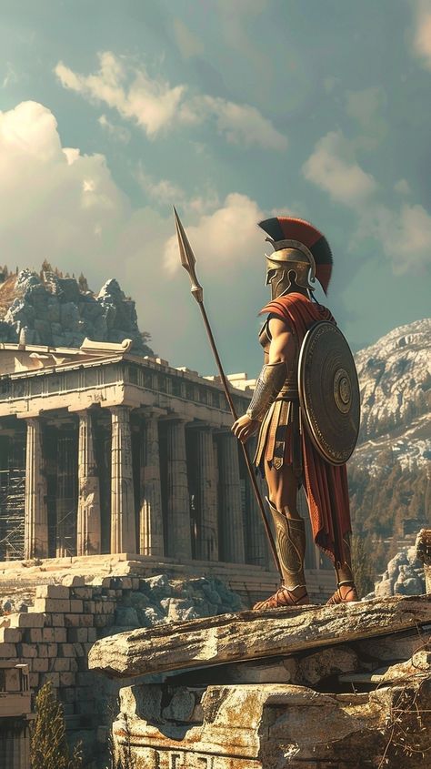 Ancient Rome Gladiators, Ancient Rome Aesthetic, Ancient Greek Temple, Mountains And Sky, Spear And Shield, Ancient Sparta, Ancient Greece Art, Roman Gladiators, Landscape With Mountains