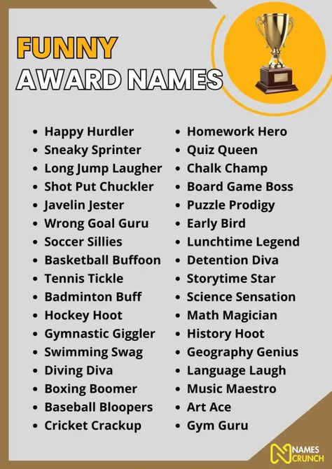 Funny Award Names [400+ Clever Ideas] - Names Crunch Awards For Teachers Ideas, Teacher Awards Funny, Funny Award Ideas, Funny Award Titles, Funny Teacher Awards, Funny Office Awards, Funny Employee Awards, Funny Award, Funny Awards Certificates