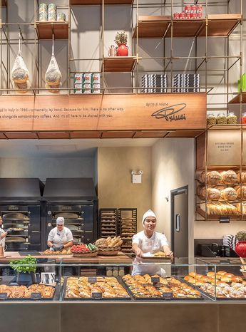 A Look Inside The New Starbucks-Backed Princi Bakery Location In New York City+#refinery29 Open Kitchen Bakery Design, Open Kitchen Bakery Shop, Korea Bakery Shop, Bakery Bread Display Shelves, Open A Bakery, Pastry Display, Open Kitchen, Weave Hairstyles, York City