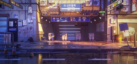 Subway Background, Korean Subway, Japanese Neighborhood, Scifi City, Bg Design, Sci Fi Environment, Color Script, Aesthetic Korean, Subway Station