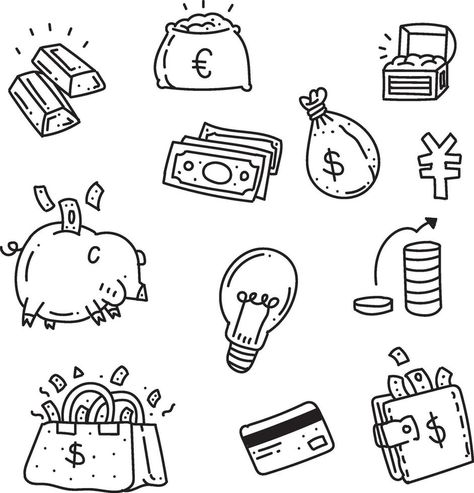 Set of doodle money icons Coin Doodle, Accounting Drawing, Money Art Drawings, Finance Doodle, Manifestation Images, Money Doodle, Money Illustration, Vector Cityscape, Money Icon