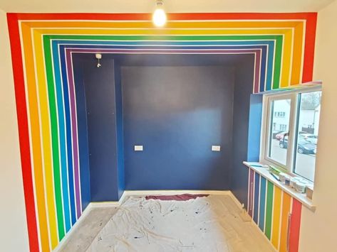 Rainbow Ceiling Design, Rainbow Painted Walls Kids Rooms, Rainbow Painted Ceiling, Boy Rainbow Room, Vertical Rainbow Wall, Rainbow Room Kids Girl Bedrooms, Rainbow Theme Bedroom, Rainbow Boys Room, Rainbow Accent Wall