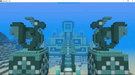 Minecraft Underwater Statue, Minecraft Underwater Builds Ideas, Floating City Minecraft, Blue Builds Minecraft, Underwater Castle Minecraft, Underwater Village Minecraft, Minecraft Shoreline, Minecraft Ocean Monument Ideas, Minecraft Atlantis Build