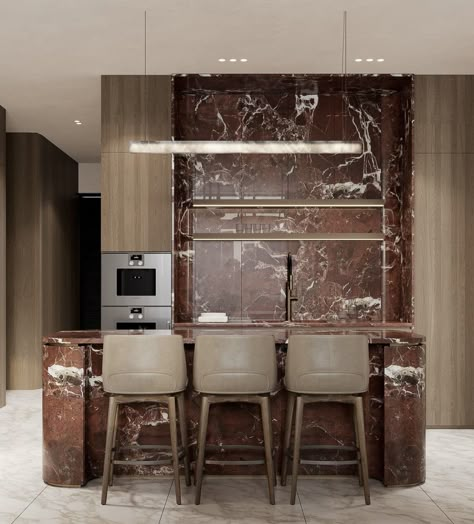 Red marble in this kitchen ♥️ so sleek.   📸credit: @avg_des 👏🏼🫶🏼 ___________________  Follow @britishhomedesign for daily inspiration.  • BHD is a multi-award winning, Norfolk based, Architecture & Interior Design Studio tagging inspirational home design with our label of approval • ___________________ Red Marble Kitchen, Marble Interior Design, Dubai Apartments, Architecture Development, Marble Interior, Apartments In Dubai, Red Marble, Lobby Lounge, Marble Kitchen