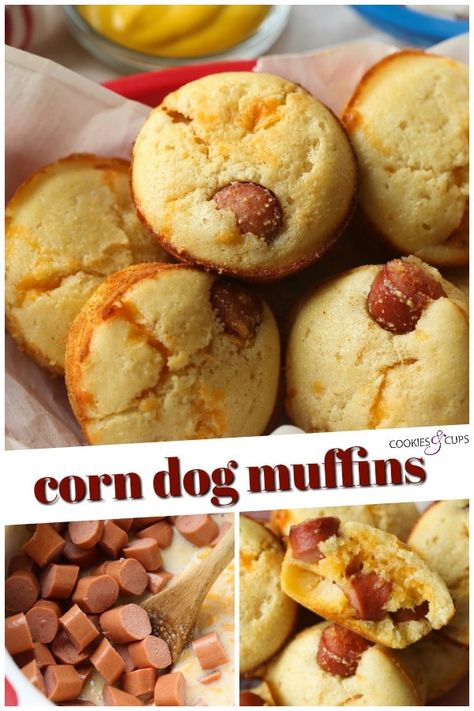 These Corn Dog Muffins make an insanely easy weeknight dinner, or a perfect game day appetizer! These bite sized cheesy cornbread muffins, loaded with hot dogs are a favorite in my house! #cookiesandcups #corndog #hotdog #corndogmuffin #dinnerrecipe #easydinner #gameday #appetizer Crowd Food, Quick Muffins, Dog Muffins, Cheesy Cornbread, Savory Muffins Recipes, Corn Dog Muffins, Honey Cornbread, Cornbread Muffins, Muffin Tin Recipes