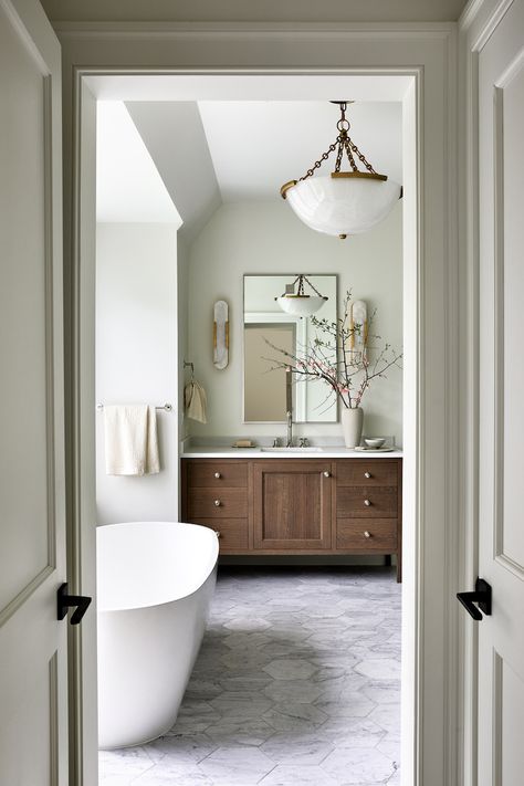 European home, marble bathroom, marble tile, master bathroom, rich tones, custom tile Jean Stoffer Design, Classic White Kitchen, Harrison Design, Becki Owens, Modern English, White Cabinetry, Bath Room, Traditional Bathroom, Fireplace Surrounds