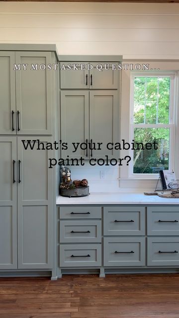 𝙼𝚒𝚌𝚑𝚎𝚕𝚕𝚎 𝚈𝚊𝚛𝚋𝚛𝚘𝚞𝚐𝚑 on Instagram: "My MOST asked question about my home is. . . “What’s your kitchen cabinet paint color?”

I love sharing information about my home because I’m proud of it!

The kitchen cabinet paint color is @sherwinwilliams Meadow Sage. You won’t find this color in the Sherwin Williams paint swatches because it was a collaboration color for HGTV Home. You can ask any paint store to make it, they should be able to look it up!

#paint #paintcolors #paintcolor #kitchenpaint #kitchenremodel #kitchenrenovation #kitcheninspiration #cabinet #cabinets #kitchencabinets #kitchencabinet #customkitchen #kitchenrenovationideas #kitchenreno #kitchenremodeling #sherwinwilliams #sherwinwilliamspaint #meadowsage" Oyster Bay Cabinets Sherwin Williams, Paint Grade Cabinets, Wherein Williams Cabinet Paint, Retreat Kitchen Cabinets Sherwin Williams, Pantry Cabinet Colors, Pewter Green Cabinets Sherwin Williams, Sherwin Williams Meadow Sage, Meadow Sage Sherwin Williams, Dried Thyme Kitchen Cabinets