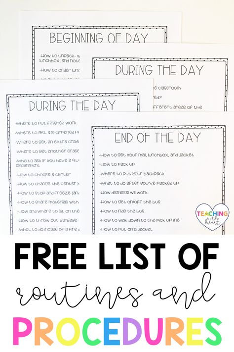 Effectively manage your kindergarten classroom by teaching routines and procedures during the first few days of school. Grab this FREE checklist of routines and procedures to make sure you cover everything! First Day Of School Procedures Checklist, Class Procedures Checklist, Kindergarten Anchor Charts Routines, Kindergarten Routines And Procedures, Entering The Classroom Procedures, First Grade Procedures And Routines, Routines And Procedures Checklist, First Grade Rules, Kindergarten Procedures