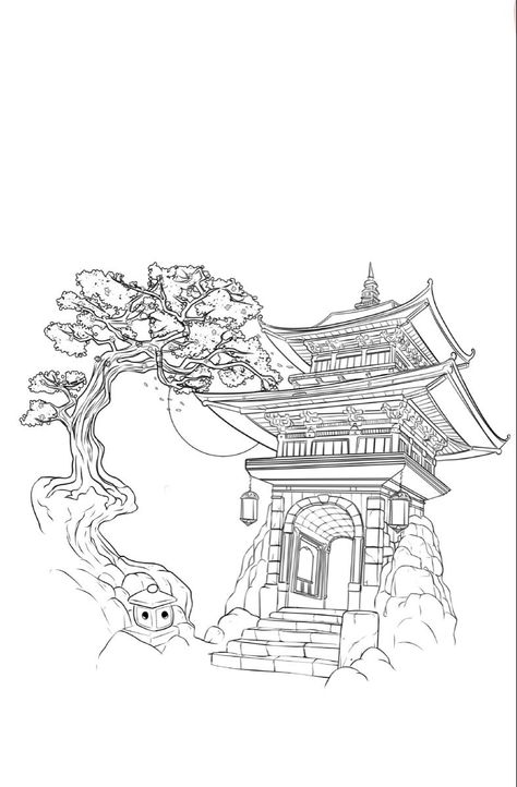 Japanese Temple Drawing, Japanese Temple Tattoo, Digital Stamps Free, Temple Tattoo, Temple Drawing, Black Art Tattoo, Lowrider Art, Japan Tattoo Design, Landscape Tattoo