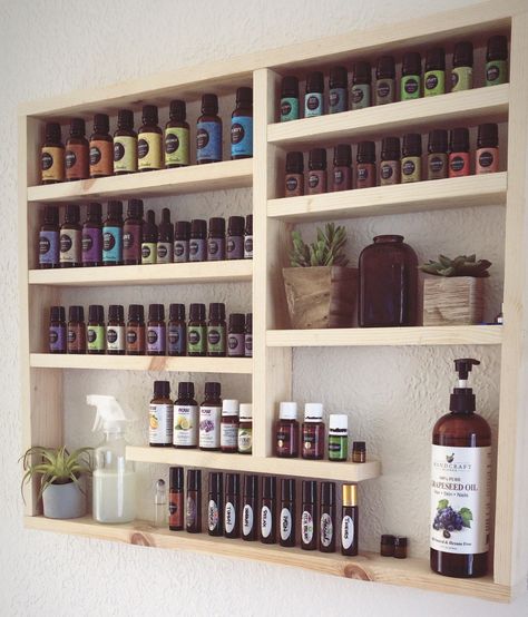 Shelf For Essential Oils, Essential Oil Display Ideas Diy, Essential Oil Shelf Diy, Essential Oil Shelves, Essential Oil Display Ideas, Essential Oils Storage Ideas, Essential Oils Shelf, Essential Oils Organization, Plant Products