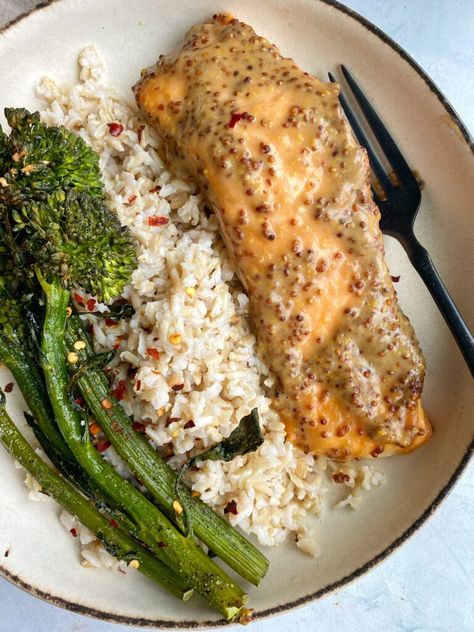 Maple Mustard Salmon One Pan Meal - onebalancedlife.com Mustard Sauce For Salmon, One Pan Meal Prep, Maple Mustard Sauce, Maple Mustard Salmon, Roasted Broccolini, One Pan Meal, Mustard Salmon, Maple Mustard, Baked Avocado