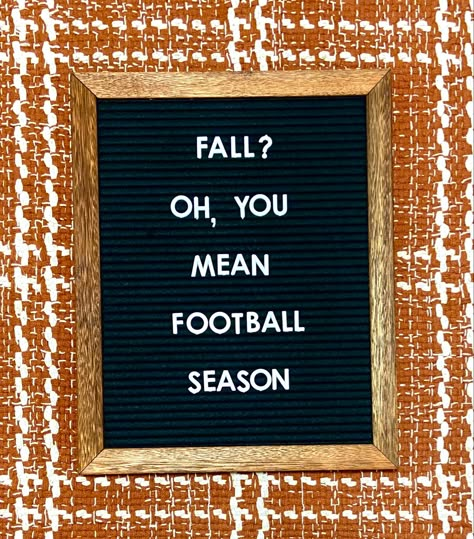 A letter board that says, “Fall? Oh, you mean football season.” The background is a burnt orange plaid. Letter Bored Quotes, Fall Sign Quotes, Football And Fall Quotes, Football Message Board Quotes, Fall Football Letterboard Quotes, Fall Letterboard Quotes September, Football Felt Board Quotes, September Letterboard Quotes Funny, Fall Word Board Sayings