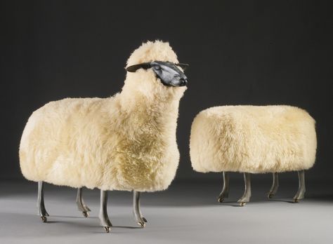 Francois-Xavier Lalanne, Sheep and ottoman, 1965 onward. Aluminium, wool, wood. France. Via ubiquodesign Coco Chanel reportedly had a flock of them in her living room and there were 12 on display in the library of Yves Saint Laurent and Pierre... Sheep Furniture, Lalanne Sheep, Les Lalanne, Sea Bedrooms, Weird Furniture, Outside The Box, Thinking Outside The Box, Cheap Furniture, Art Of Living