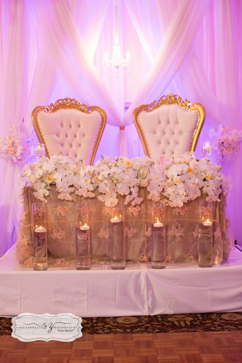 Sweetheart table with our King and Queen chairs #romance #wedding #xothegirls #love #beautiful #rentals #linens #feliciasperfectsetting Wedding Throne Chairs Bride Groom, Wedding Sweet Heart Table Ideas, King And Queen Wedding Theme, Sweat Heart Table Wedding Ideas, King And Queen Chairs, King And Queen Wedding, Cheap Wedding Table Centerpieces, Bride And Groom Table, Queen Wedding