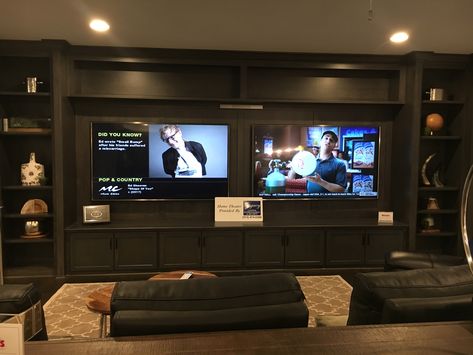 Media Room With Multiple Tvs, Double Tv Game Room, Multiple Tv Wall Ideas Man Cave, Multiple Tvs On Wall, Two Tvs In One Room Ideas, Multiple Tv Wall Ideas, Basement Design Layout, Basement Mancave, Paneled Room