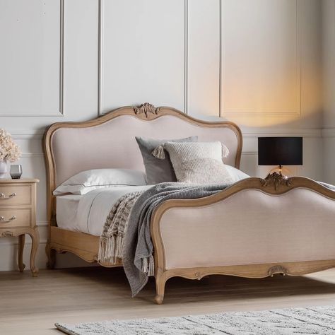 Weathered Solid Wood French Chic King Linen Upholstered Bed 😍 #frenchbed #frenchcountry #weathered #woodenbed #frenchbedroom Upholstered King Bed Frame, French Furniture Design, Linen Upholstered Bed, Bed Weather, French Headboard, Gorgeous Bed, French Bed, King Upholstered Bed, King Size Bed Frame