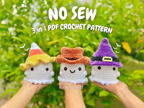 No Sew Ghosts Wearing Hats 3 in 1 PDF PATTERN no Sew Ghost - Etsy Canada Ghost Crochet Pattern, Sew Halloween, Crochet Pattern No Sew, Ghost Crochet, Crochet Pour Halloween, Pumpkin Hat, Halloween Crochet Patterns, Chapeau Cowboy, Crochet Simple