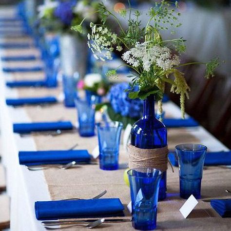 Royal Blue Table Runner, Blue And Green Table Decor, Royal Blue And Brown Wedding, Blue And Green Centerpiece, Rustic Royal Blue Wedding, Royal Blue Wedding Theme Centerpieces, Electric Blue Wedding, Mediterranean Tablescape, Royal Blue Wedding Ideas