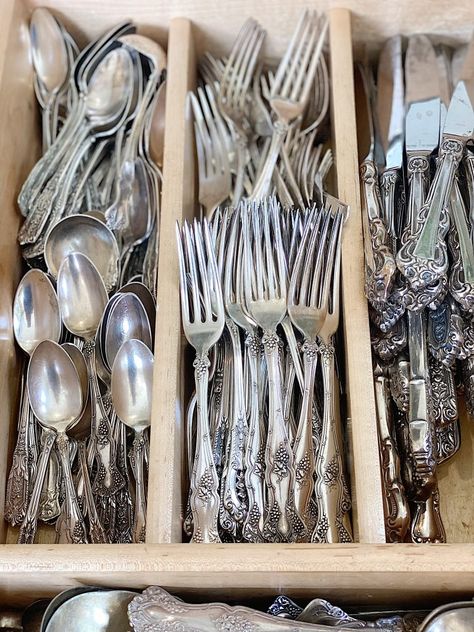 I shocked a lot of people when I stated that I use my sterling silver flatware every day. But that wasn't the most shocking part. Guess how I clean it every day? Silver Plate Flatware, Sterling Silverware, Antique Flatware, Flatware Organizer, Sterling Silver Flatware Pattern, Silverware Organization, Made In England Stainless Steel Flatware, Flatware Patterns, Silver Cutlery