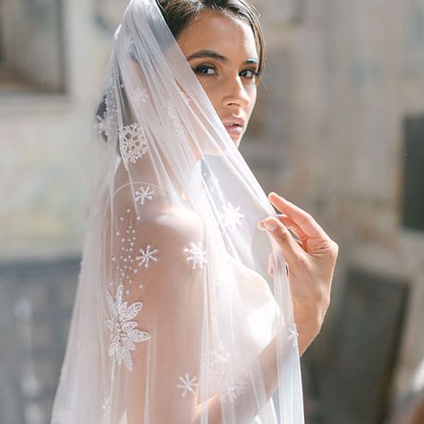 Gibson Bespoke | Luxury Wedding Veils Winter Wedding Photo Ideas, Violet Clothes, Embroidered Snowflakes, Winter Campaign, Winter Wedding Photos, Snowflake Wedding, Old Hollywood Wedding, Beaded Veils, Veil Length