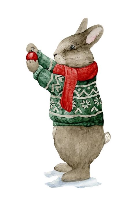 Christmas Illustration Design, Clown Paintings, Animal Art Projects, Bunny Watercolor, Japan Illustration, New Year Illustration, Christmas Bunny, Animal Illustration Art, Birthday Illustration