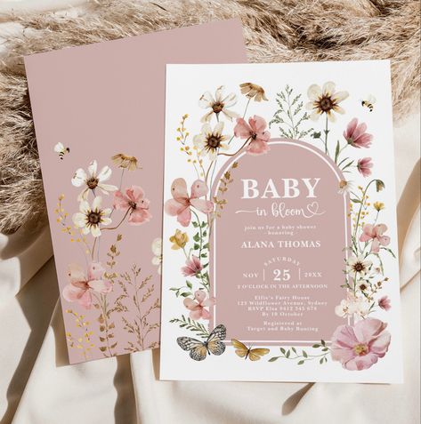 Floral Pink Baby Shower, Spring Baby Shower Ideas Girl, Vintage Floral Baby Shower Ideas, Mauve Baby Shower Ideas, Flowers Baby Shower Theme, Wildflower Baby Shower Ideas, Wild Flower Baby Shower Ideas, Floral Baby Shower Ideas, Girly Baby Shower Themes