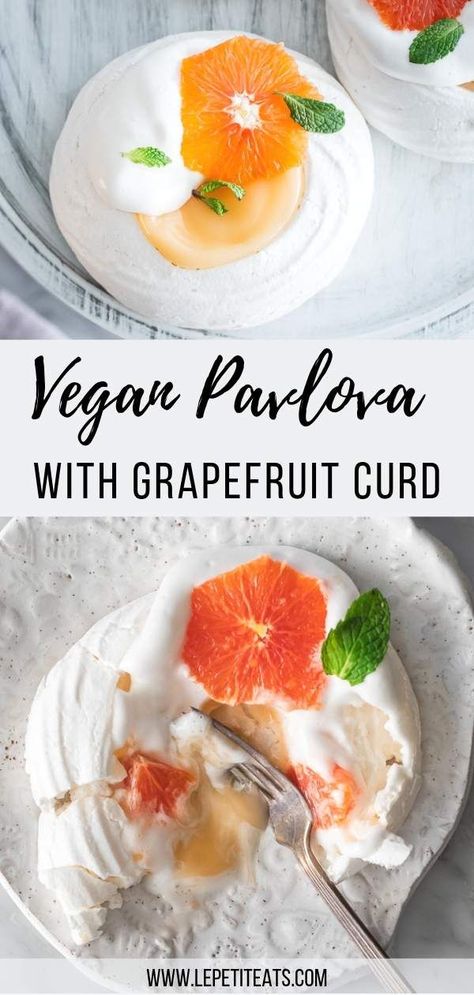 This vegan pavlova is made with aquafaba, filled with a plant-based grapefruit curd and topped with fresh citrus slices and mint. #veganrecipes #vegandessert Vegan Curd, Vegan Pavlova, Grapefruit Curd, Meringue Pavlova, Vegan Egg Substitute, Best Vegan Desserts, Citrus Slices, Easy Vegetarian Dinner, Pavlova Recipe