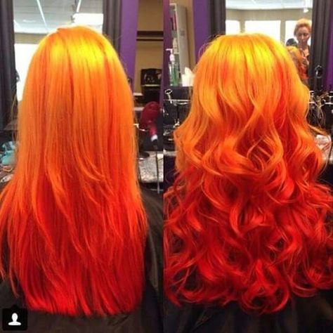 Both styles are just amazing! Orange And Red Hair, Flame Hair, Cheveux Oranges, Dyed Hair Ombre, Red Ombre Hair, Fire Hair, Bright Hair, Hair Styler, Yellow Hair