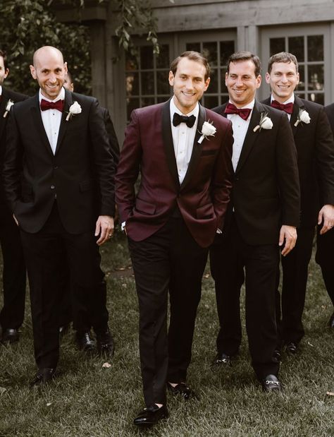 Black Tie Wedding in the Woods. Burgundy Cream Color Palette. Maroon Jacket. #blackandburgundywedding #groomsattire #burgundyweddingtuxedojacket Wedding Suits Men Burgundy, Burgundy Groom Suit, Maroon Groom Suit, Burgundy Suits, Cream Color Palette, Wedding Groomsmen Attire, Wedding Tux, Maroon Jacket, Groom Wedding Attire