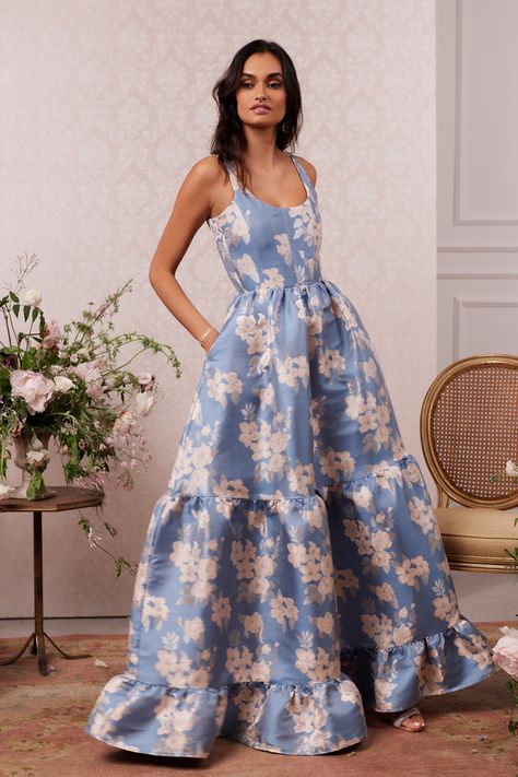 Meet The Avery Dress! She's a beautifully corseted scoop-neck gown with cascading gathered tiers and side pockets. Fall in love with her classic silhouette and darling floral details. Featured in our romantic Dusk Blue Baroque Floral brocade, which features soft pink flowers on a blue background, she's the perfect part Soft Pink Flowers, V Chapman, Baroque Floral, Dusk Blue, Guest Attire, Wedding Attire Guest, Mode Inspiration, Wedding Attire, Style Moderne