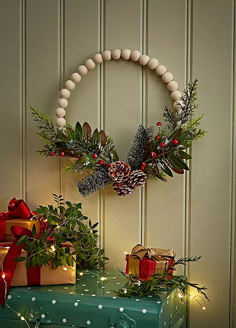 This decorative wreath has been designed for indoor use. Jute hanging rope to allow you to display in room of choice. Wooden Bead Wreath, Beaded Wreath, Bead Wreath, Christmas Party Crafts, Jute Hanging, Fabric Tree, Gingerbread House Decorations, Wooden Wreaths, Homemade Christmas Decorations