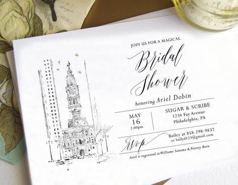 Skyline Bridal Shower Invitations printed on heavy 165lb paper! Philadelphia City Hall, Philadelphia City, Cards Table, Return Address Wedding, Bridal Luncheon, Fine Stationery, Custom Envelopes, Classic Wedding Invitations, Amazing Artwork