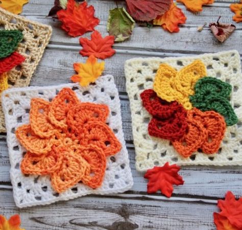 Leaves Granny Square - Free Pattern, a diy craft post from the blog Beautiful Skills - Crochet Knitting Quilting, written by Beautiful Skills on Bloglovin’ Crochet Plumeria, Granny Square Häkelanleitung, Crocheted Squares, Motifs Granny Square, Sunburst Granny Square, Crochet Plant Hanger, Crochet Plant, Crochet Leaves, Crochet Fall